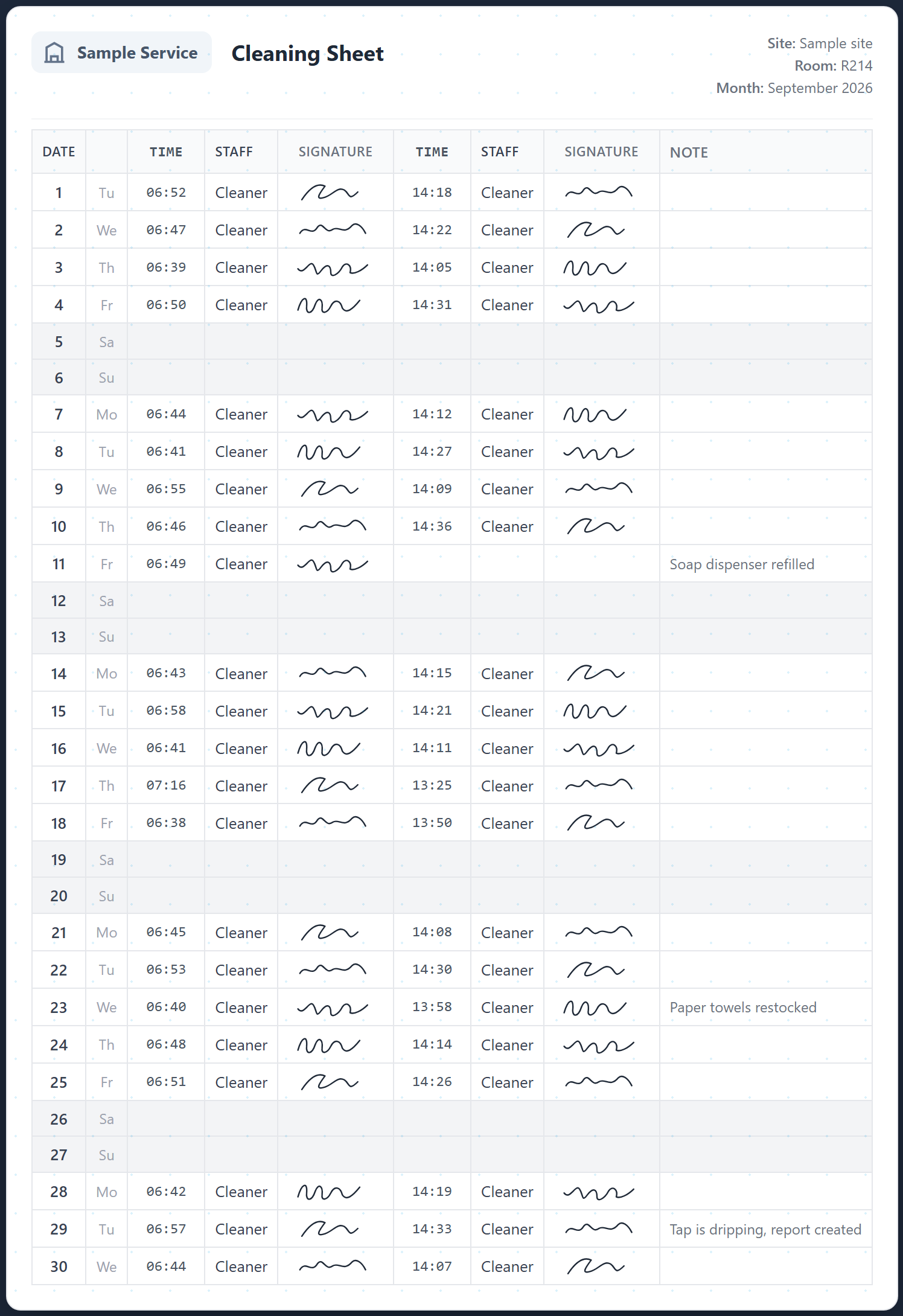 Example of a cleaning record for a whole month. All entries, times and signatures are invented.