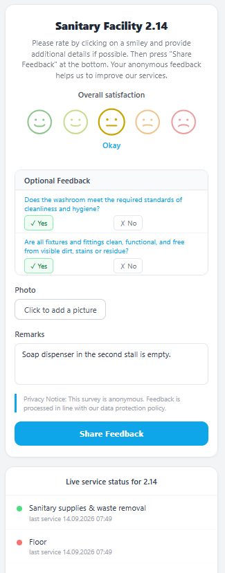 ScanQM Gästefeedback: Bewertung per Smiley-Skala, Ja/Nein-Fragen und Kommentar am QR-Zonen-Ort